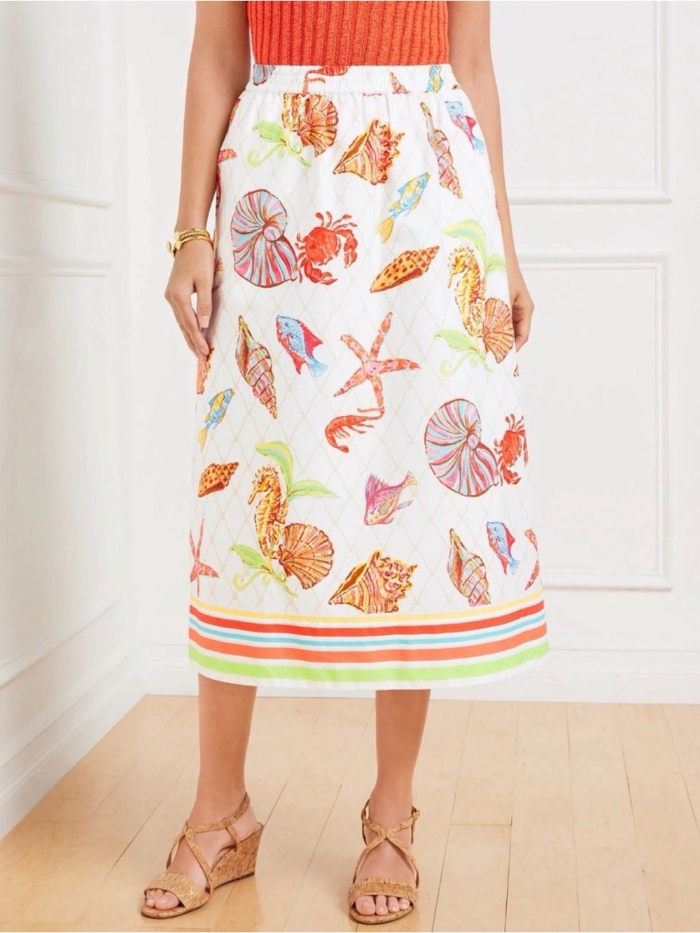 Talbots Modern Poplin Fit & Flare Midi Skirt Underwater World Pockets Size S